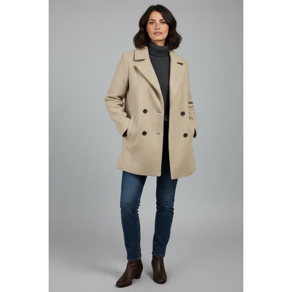LOFT herringbone beige/tan double-breasted peacoat, Size L